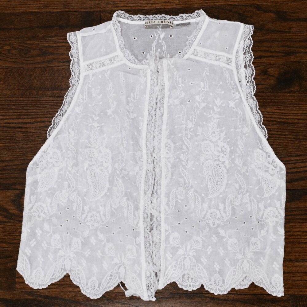 Alice + Olivia White Amal Embroidered Tie-Front Tank Top Womens Large - Picture 2 of 3